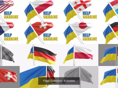 Flags Collection of different countries waving in wind 3D Model Pack