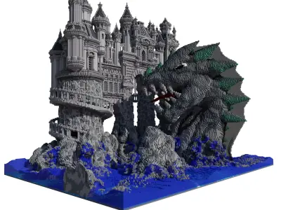 Model of a castle with a dragon Low-poly 3D model
