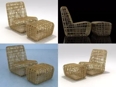SuperElastica chair and stool made of rattan 3D model