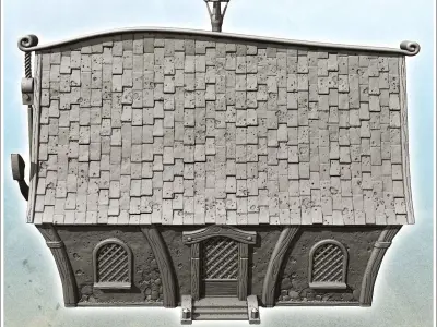 Hull-shaped pirate building with large decorative anchor mast 3  3D print model