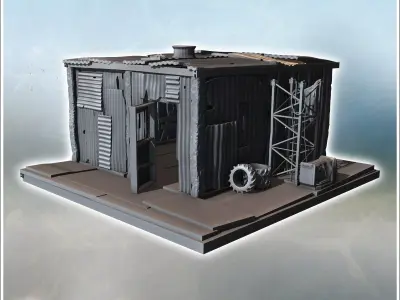Small metallic shack with corrugated walls exposed beams surroun 3D print model