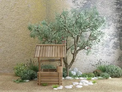 Wooden Well with Outdoor Tree and Bushes 3D model