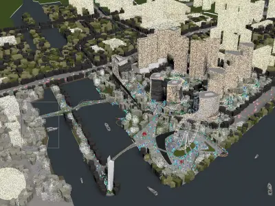Riverfront Cityscape with Mixed-Use Towers and Ferris Wheel 3D model