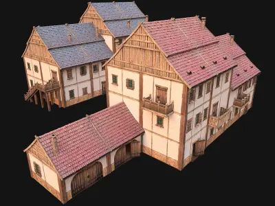 Medieval Brick Town House with Barn Low-poly 3D model
