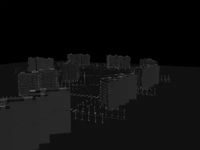 Bloque de edificios con acera y farolas 3D model