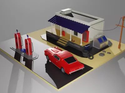 70-s  gas station by the road Low-poly 3D model