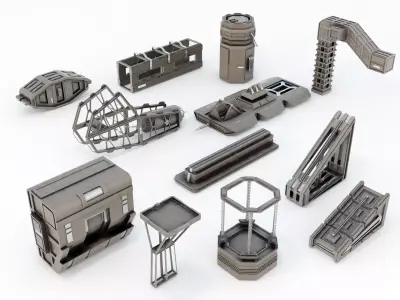 Sci-Fi Kitbash Building Dressing Pack 12 Low Poly 3D Models Low-poly 3D model