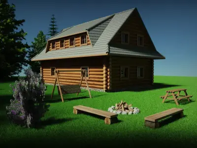Log house in forest with enviroment and interior 3D model