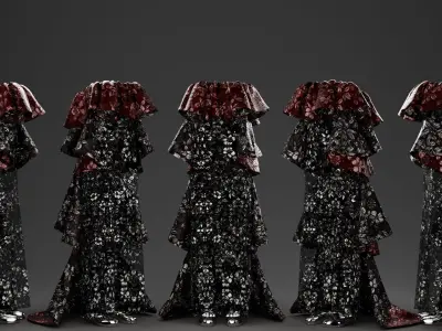 Metallic Floral Embroidered Tulle Gown with Bold Frills 3D model