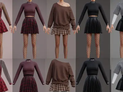 Alt Girl Outfit Pack - Fishnet Tights Leather Plaid Skirts Cloth