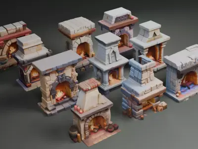 Stylized Fireplaces 3D model