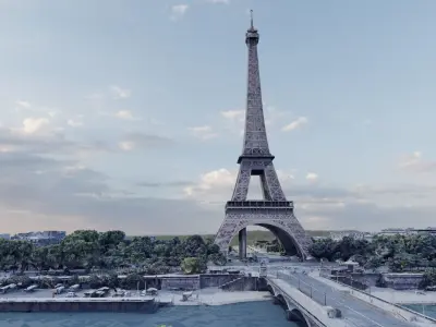 Eiffel Tower with sorrounding area Low-poly 3D model