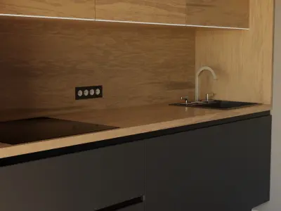 DarkKitchen kitchen with cabinets and wooden floor 3D model