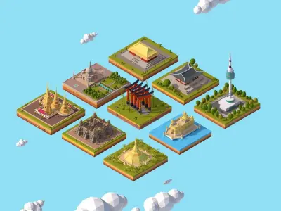 Cartoon Low Poly Asia Landmarks Pack Low-poly 3D model