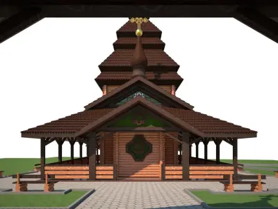 Church wooden with with interior 3D model