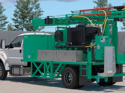  Truck-based Mobile Drill Rig Green Rigged for Cinema 4D 