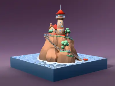 Cartoon low-poly lighthouse on a rocky island Low-poly 3D model