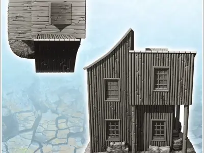 Wooden building with multiple curved roofs and exterior accessor 3D print model