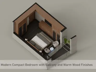 Modern Compact Bedroom with Balcony and Warm Wood Finishes 3D model