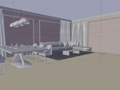 Interior living room with wooden floors and windows 3D model