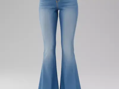 Blue Flared Jeans 3D High-Waisted Denim Bell Bottoms Low-poly 3D model purchase