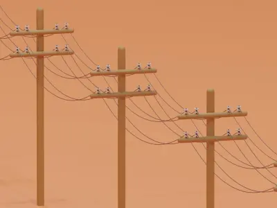 Wooden Telephone Pole Power Line Low-poly 3D model