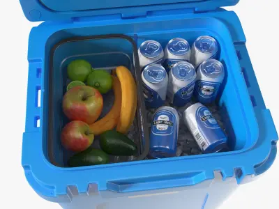  Camping Rolling Cooler Open with Fruits and Beers 