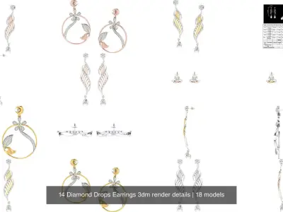 14 Diamond Drops Earrings 3dm render details 3D Model Pack