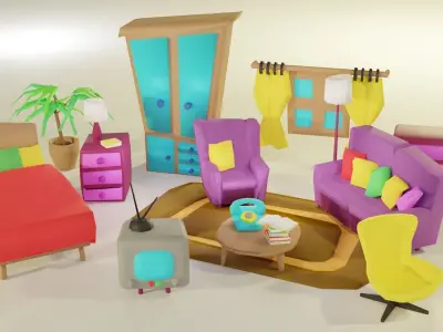 Cartoon Bedroom Funiture Low-poly 3D model
