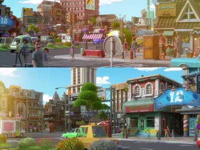 Cartoon City Street Scene V3 3D model