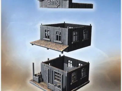 Wooden bank building with double doors fenced porch tiled awning 3D print model