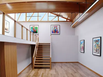 Gallery empty room with wooden floors and staircase 3D model