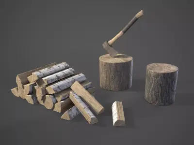 Firewood pile with stumps and axe Low-poly 3D model