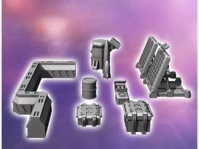 Set of futuristic Sci-Fi fortifications with barricades missiles 3D print model