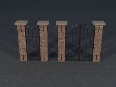 Lowpoly modular set of fenced walls and gates Low-poly 3D model