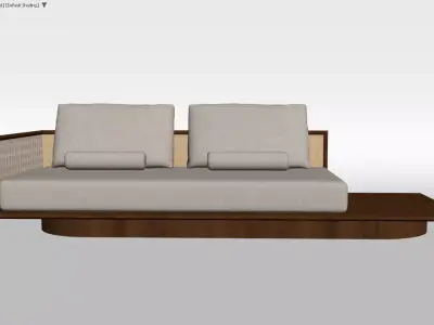 Modern Rattan-Accented Wooden Sofa 3D Model 3D model