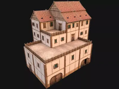 Medieval Skyscraper House with Barn  Low-poly 3D model