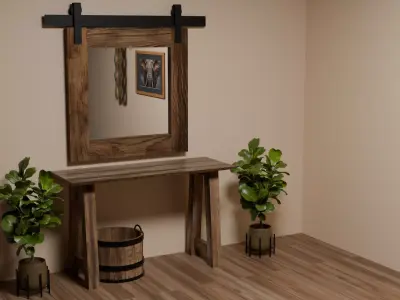 Rustic Entryway Table With Barn Door Mirror Low-poly 3D model