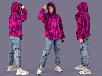 Wide Stance Gaze Girl in Casual Hoodie Jeans Joggers and Cap 3D model