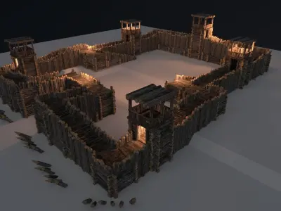 Medieval Wooden Fort Low-poly 3D model