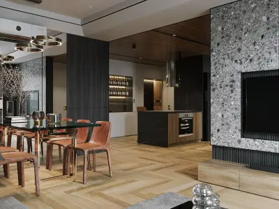 -Living Room and Kitchen with Dinning Set Low-poly116 3D model