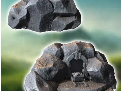Medieval mine entrance with large boulders and carved stone port 3D print model