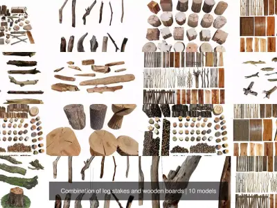 Combination of log stakes and wooden boards 3D Model Pack