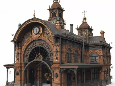 Steampunk Grand Victorian Train Station 3D Model Low-poly 3D model