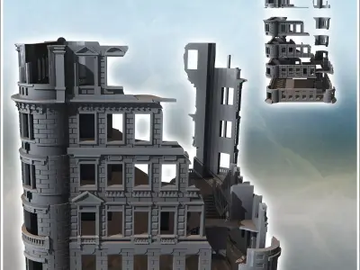 Building with rounded corners and brick walls destroyed version  3D print model