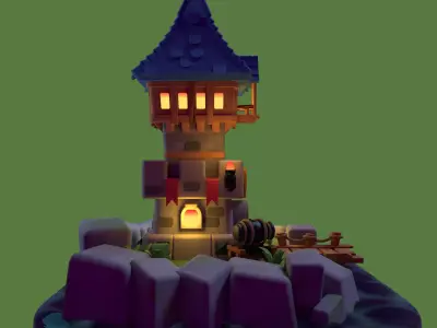 Stylized Fantasy Tower on Island Low-poly 3D model