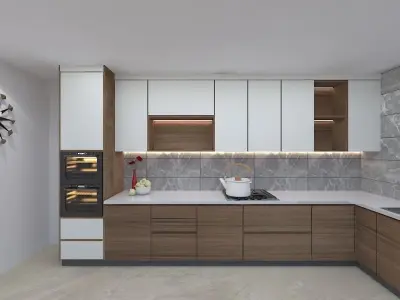 Kitchen 3D modern with cabinets and wooden counter tops 3D model