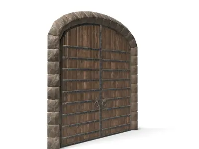 Medieval Wooden Double Door with Metal Straps 3D model