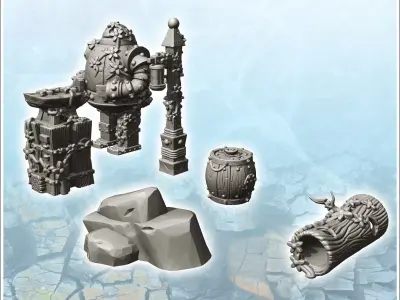 Set of fantastic outdoor accessories with humanoid totem and lan 3D print model