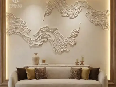modern Wavy Relief Panel Wall Decor Set STL Mural CNC 377 3D model